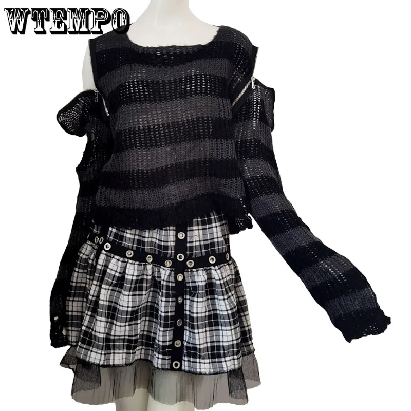 

Женский свитер на молнии, черный свитер с вырезами в готическом стиле, вязаный укороченный свитер в полоску с длинным рукавом, Свободный Пов...