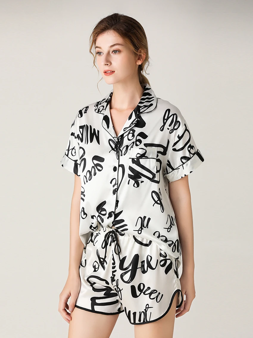 Marthaqiqi Casual Floral Women'S Pajama Set Sexy Turn-Down Collar Sleepwear Short Sleeve Nightie Shorts Loose Women Summer Suits