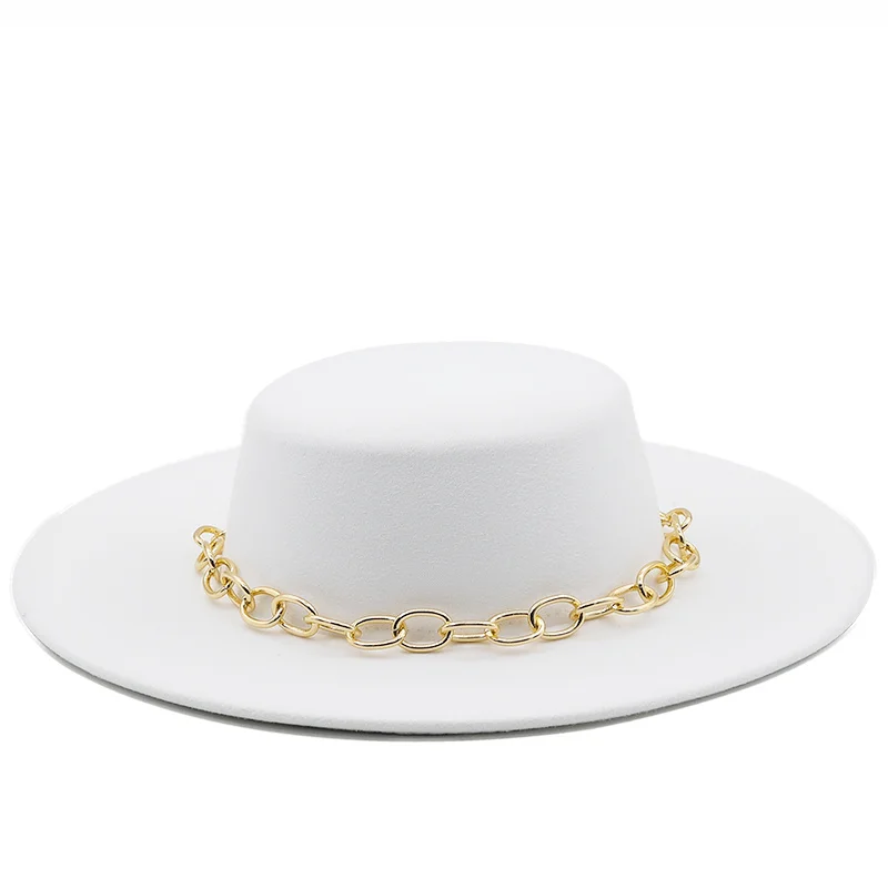 Simple British Style Gold Chain Winter Wool Solid Classic Fedoras Cap Men Women Panama Jazz Hat 9.5cm Wide Brim Big Fedoras