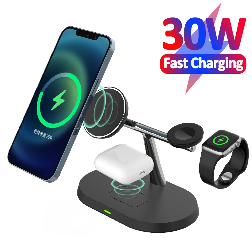 

Магнитная Беспроводная зарядная подставка 3 в 1 для iPhone 13 12 Pro Max, Держатель зарядного устройства для Apple Watch 6 SE Airpods Pro 2 3, 30 Вт