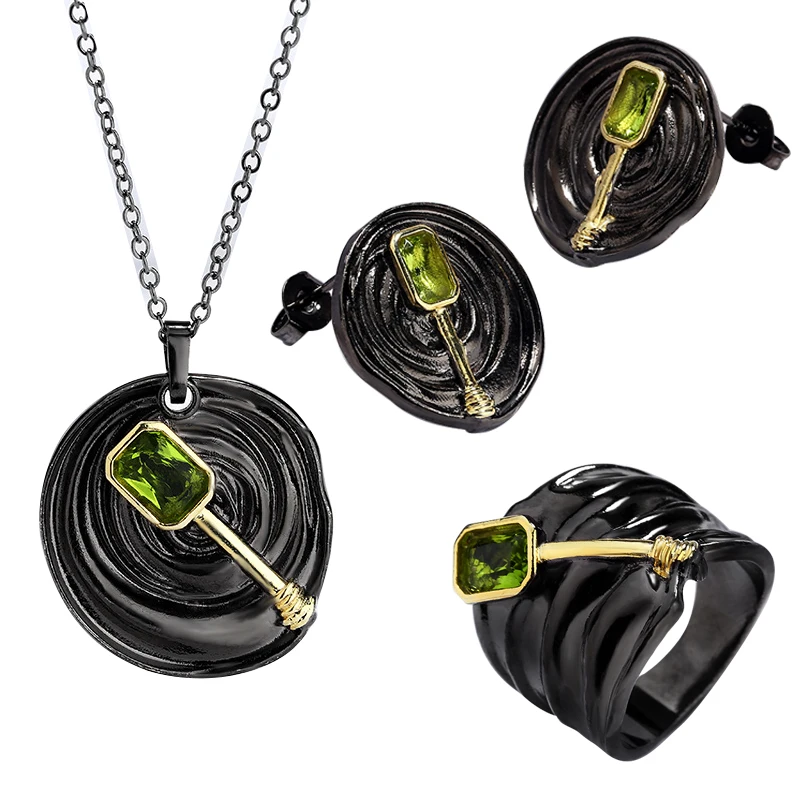 

Ajojewel Green Semi-precious Stone Jewelry Sets For Women Black Twist Statement Earrings Luxury Vintage Geometric Ring Wholesale