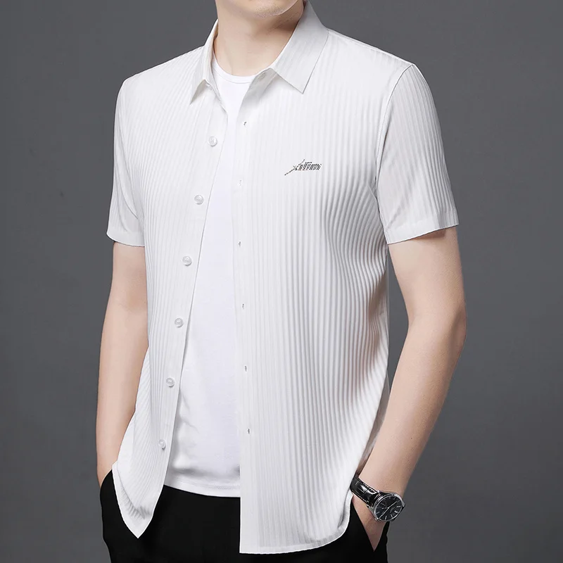 

Summer New Men's Business Casual Young and Middle-Aged Loose Striped Shirt Korean Style Short Sleeve Fashion