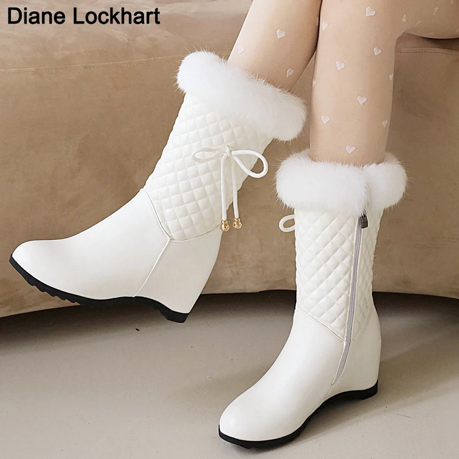 

Winter white Real hair Girls Snow Boots Fashion Warm Plush Boots Ladies Round Toe zip Slope heel snow boots for women size 33 41