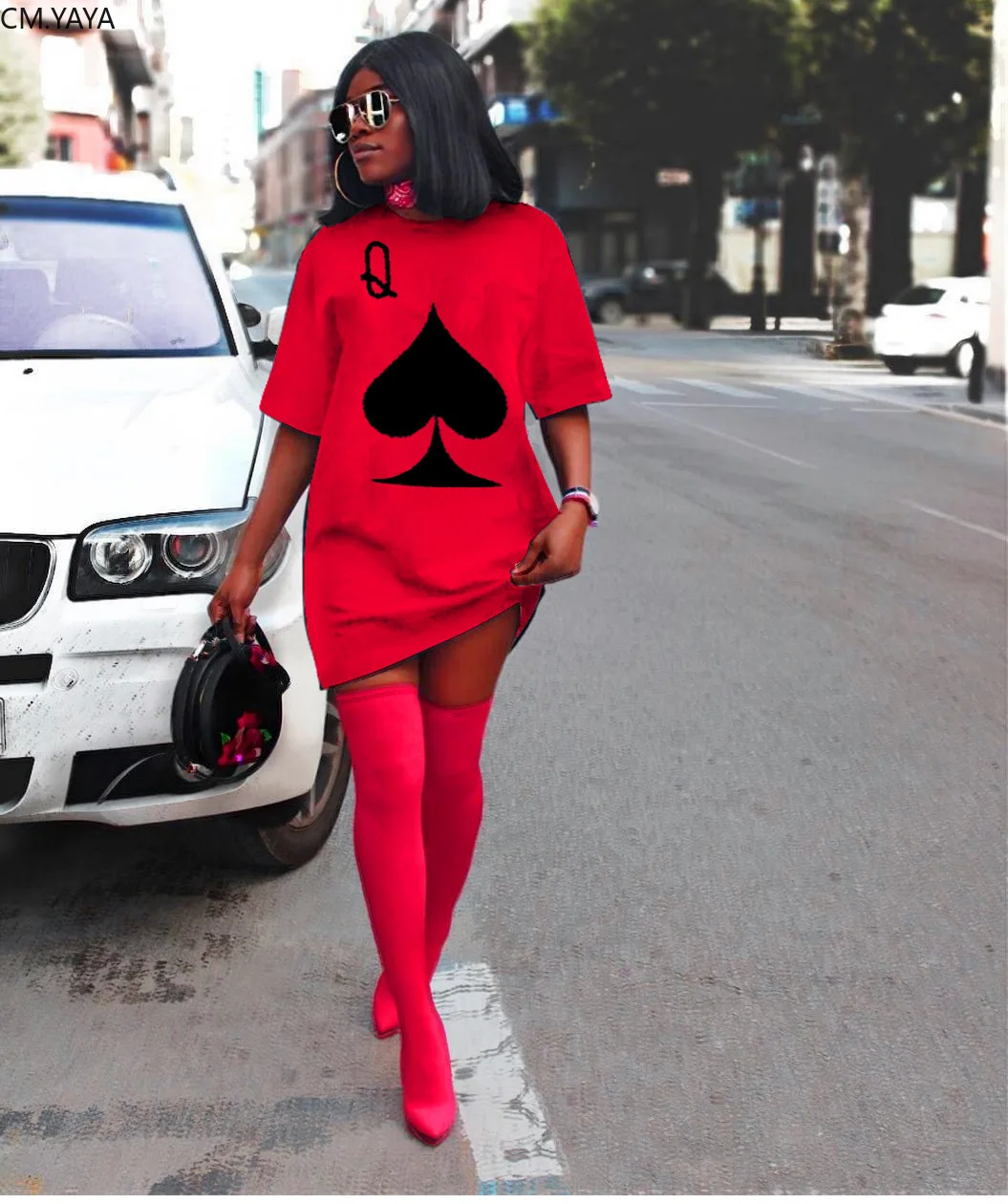 Женское платье-футболка с коротким рукавом и круглым вырезом CM.YAYA | Женская