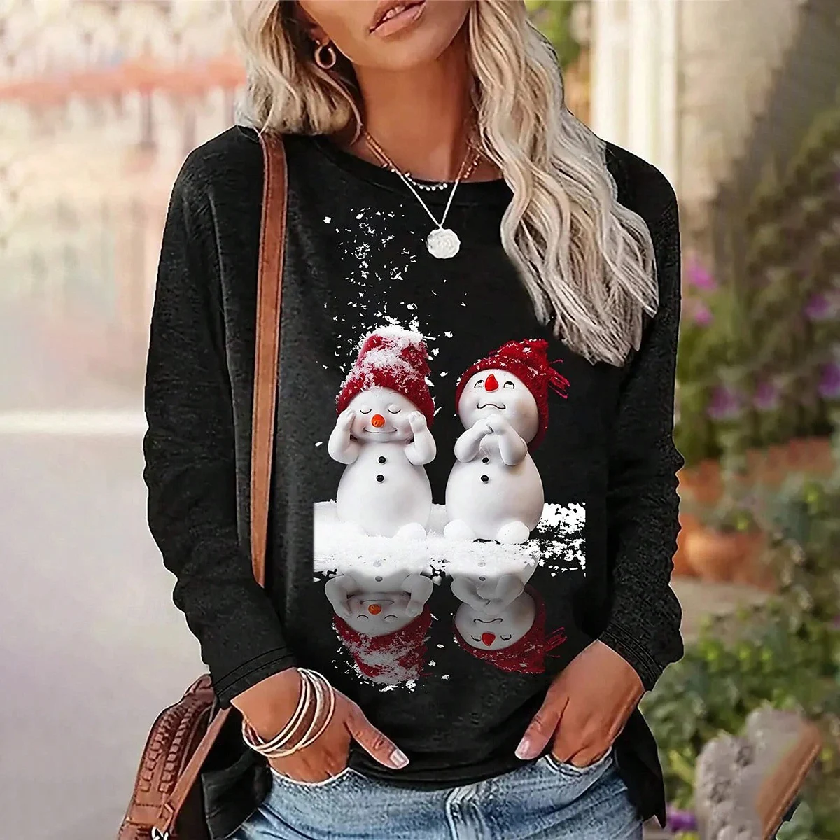 Осенне-рождественская женская футболка пуловер с длинными рукавами одежда