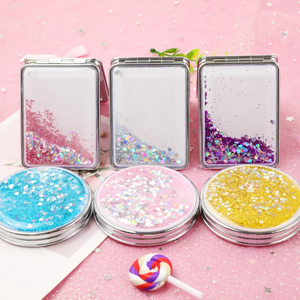 

1pc Shiny Quicksand Makeup Mirror Cute Double Sided Pocket Mirror Girls Outdoor Portable Foldable Mirror Creative Small Gift