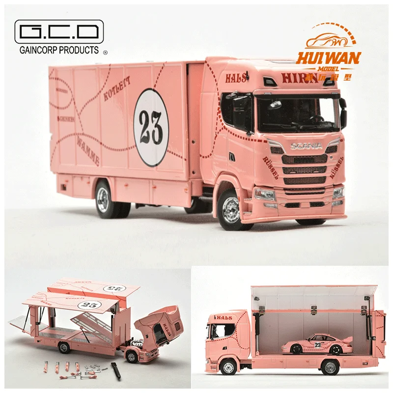 

GCD 1:64 Scania 730S double deck flying wing transporter HEC model exhibition custom pink pig No. 23 car model