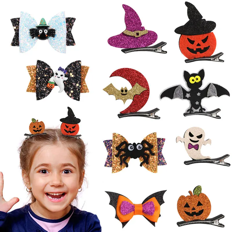 

Блестящие заколки для волос на Хэллоуин, заколки для волос с изображением тыквы, призрака, бантов для девочек, Бутик для малышей, аксессуары ...