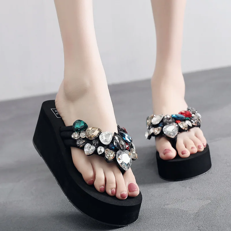 

Summer Sandals High Heels Wedges Clip Toe Platform Crystal Rhinestone Women Flip-flops Ladies Beach Slippers Pantuflas De Mujer