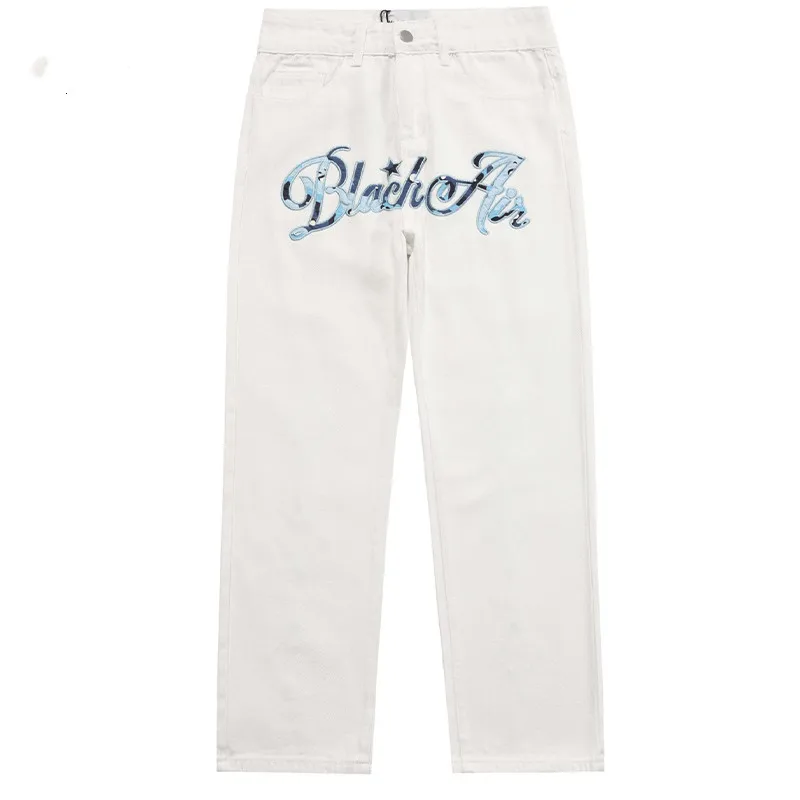 Y2k Mens Jeans European American Patch Letter Embroidered Baggy Pants Women Streetwear Oversized Straight Leg Loose Trousers