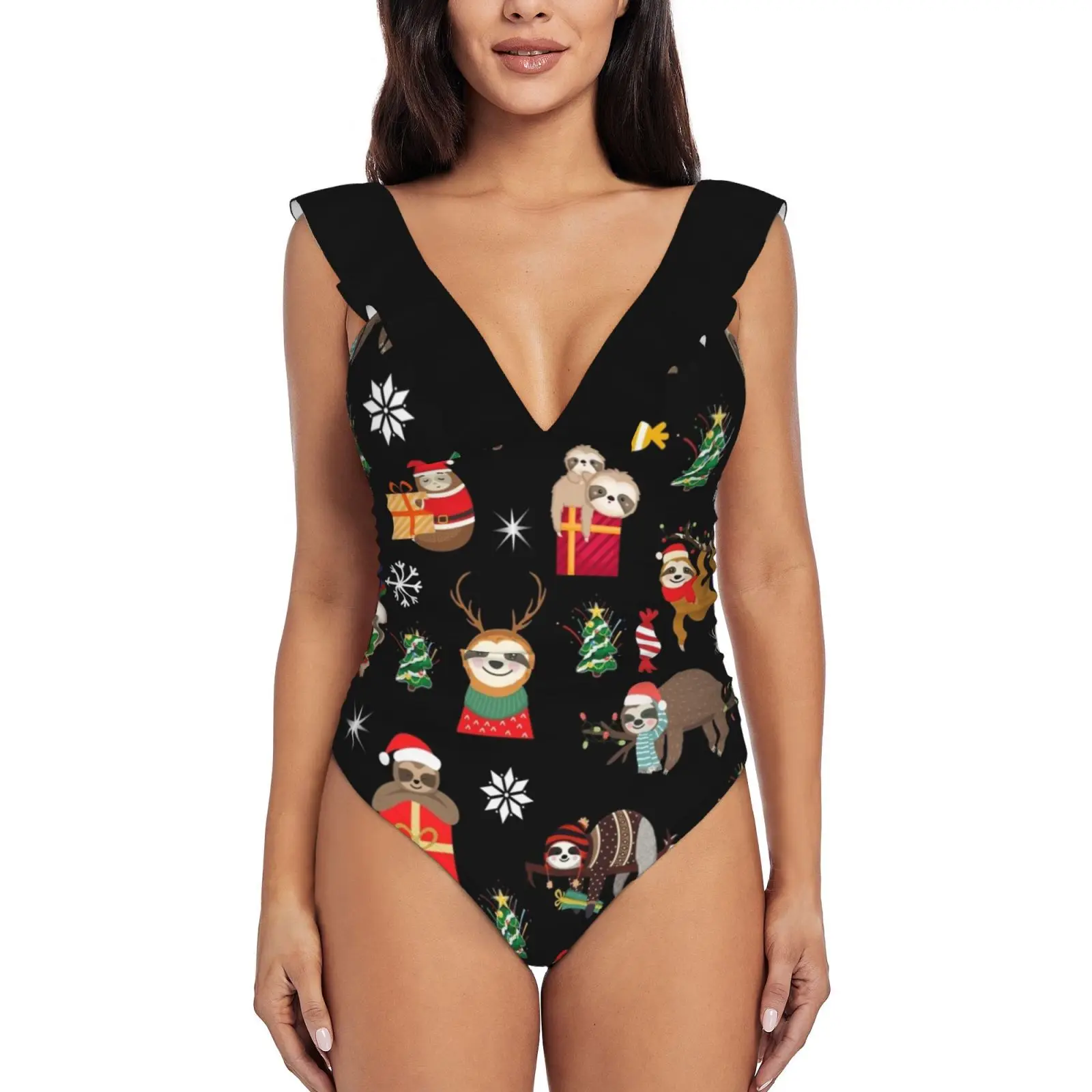 

Sloth Christmas Monokini New Ruffle One Piece Swimsuit Female Sexy Swimwear Women Print Bathing Suit Sloth Christmas Christmas