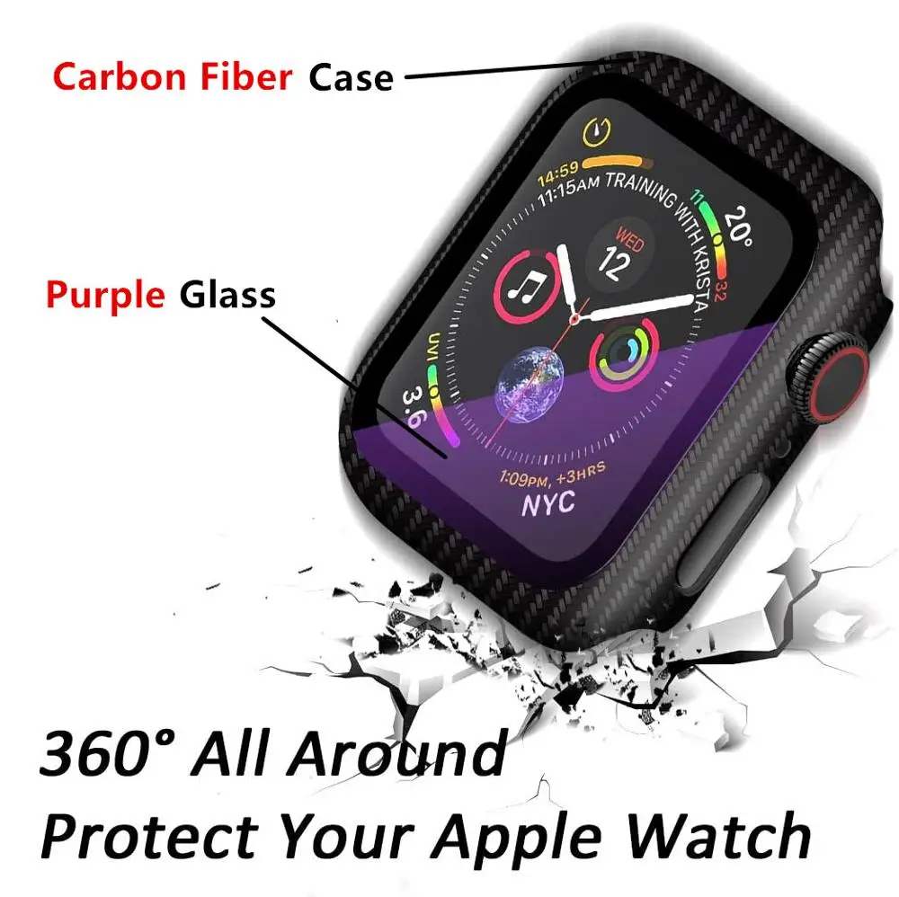 Чехлы для apple watch чехол 44 мм 42 40 38 стеклянный бампер из углеродного волокна + защита