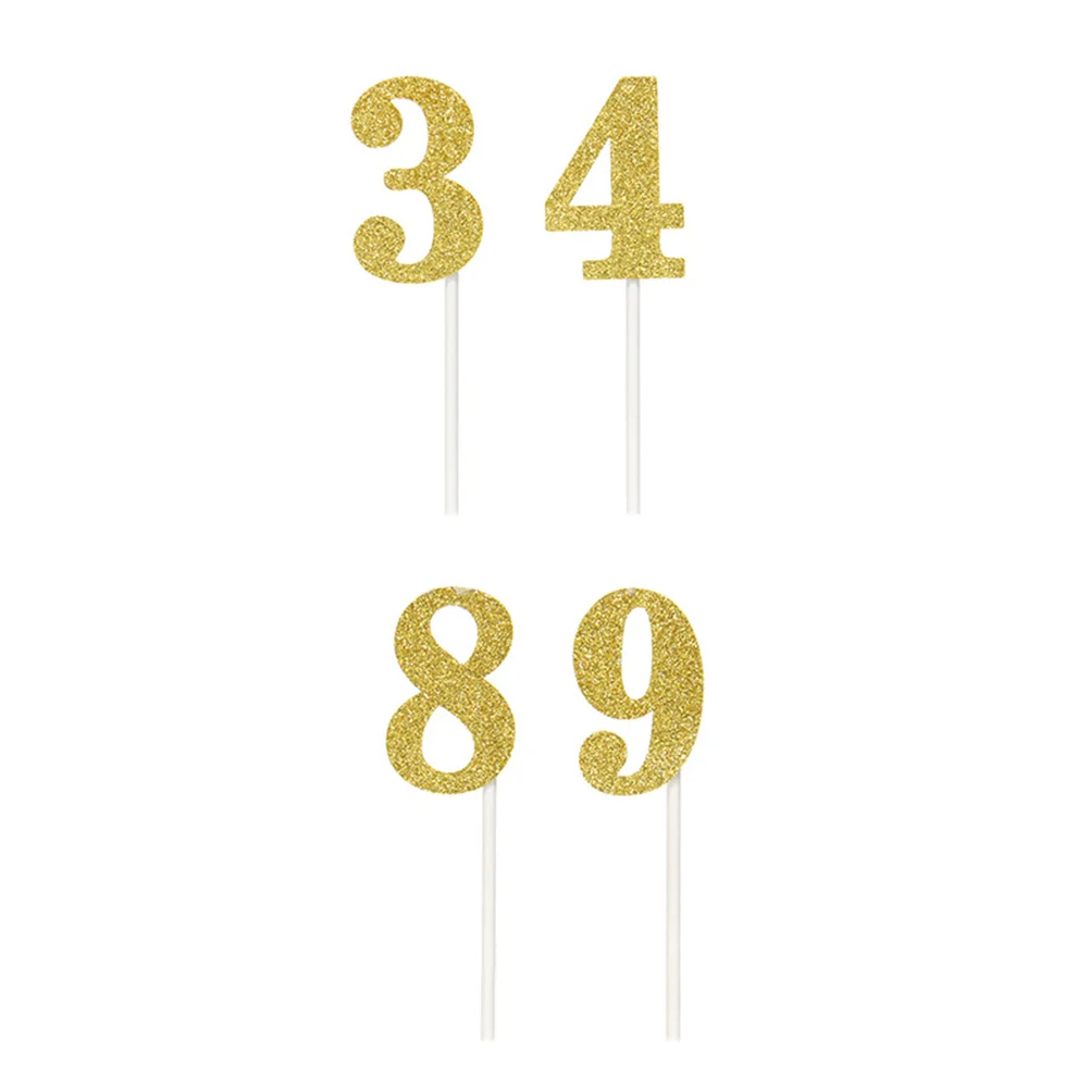 

10 Pcs Number 0-9 Glitter Paper Wedding Cake Fruit Picks Dessert Table Decorative Supplies (Golden, Random Tube