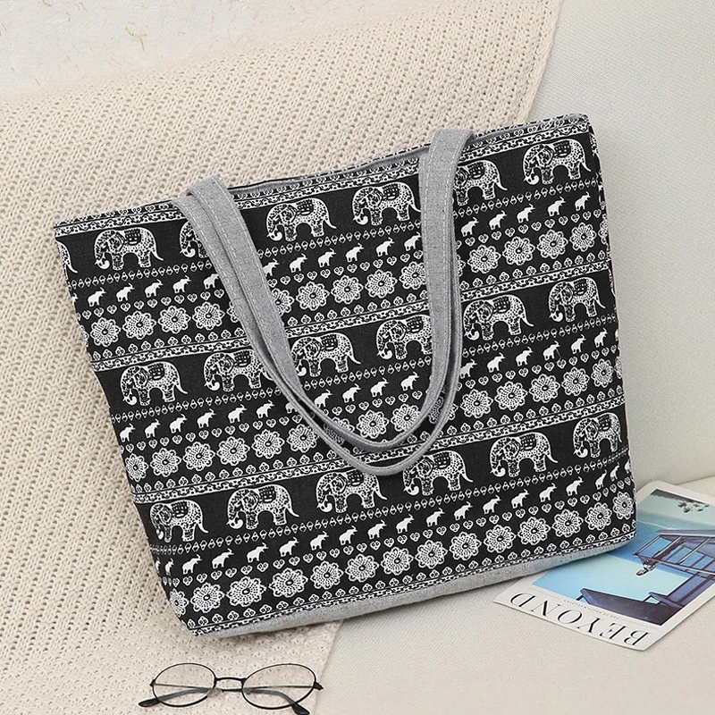 

Холщовая Сумка на плечо в этническом стиле для женщин, трендовые дамские сумочки в стиле ретро, вместительная сумка-тоут, складная многораз...