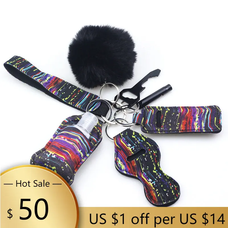 

7PCS Safety Self Defense Keychain Set DIY Keychain Accessories with Fluffy Fur Pom Keychains for Women Girl