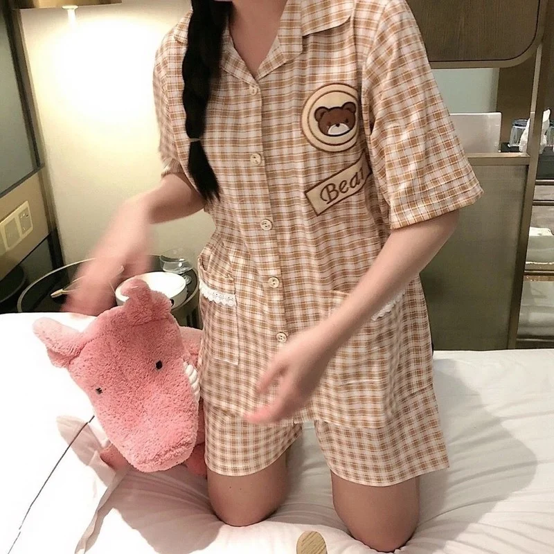 Japanese Pajamas for Women Summer College Style Pyjamas Cute Cartoon Bear Plaid Lapel Pijamas Plus Size 2 Piece Sets Home Suit