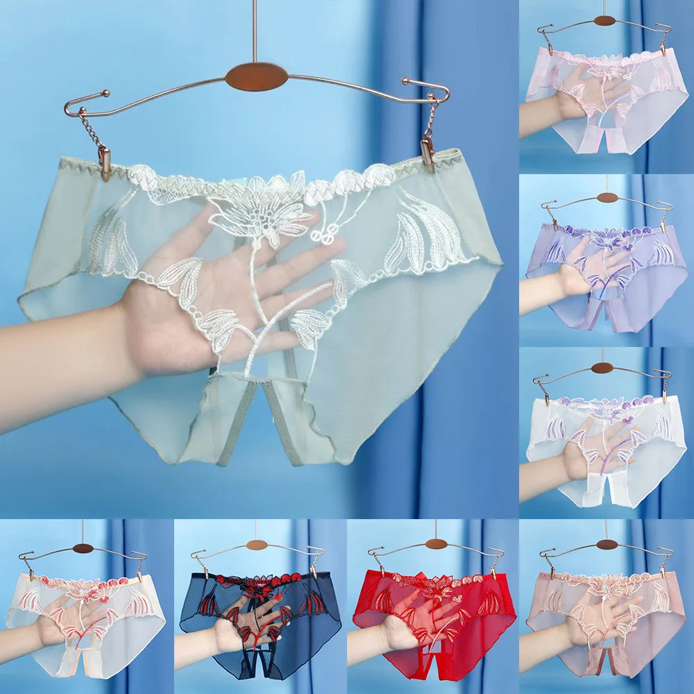 

Women Underwear Floral Mesh Comfort Sheer Crotch Slit Seamless Briefs Panties Mid Waist Open Crotch See Through Lingeries