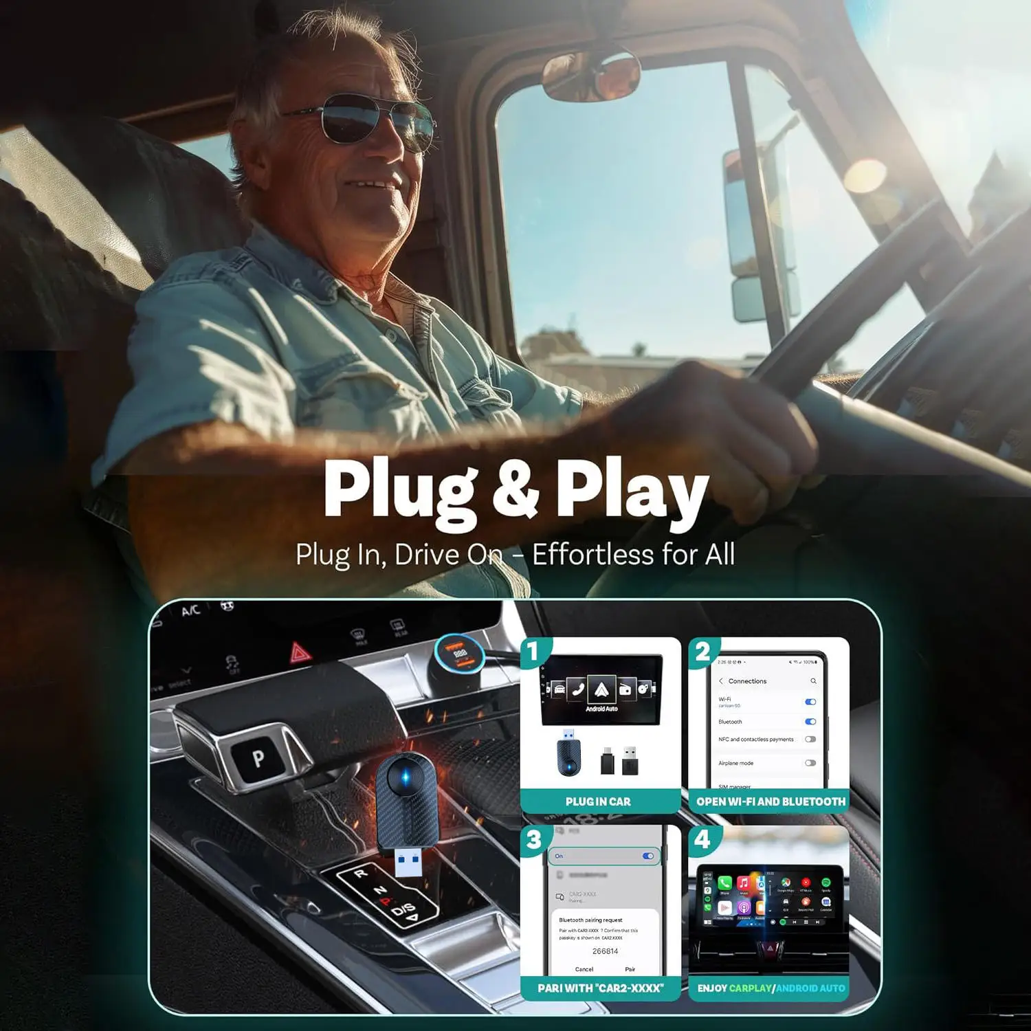 Фото Мини-адаптер проводной к беспроводному CarPlay Plug & Plug с автоматическим подключением преобразует проводные автомобили, совместимый с телефоном iPhone и Android №4