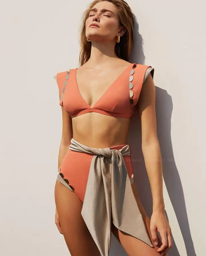 

Vintage Fashion V-Neck Split Swimsuit Two Piece Brazilian Bikini Set Women Bandage Swimsuit Summer Backless High Waist Beachwear