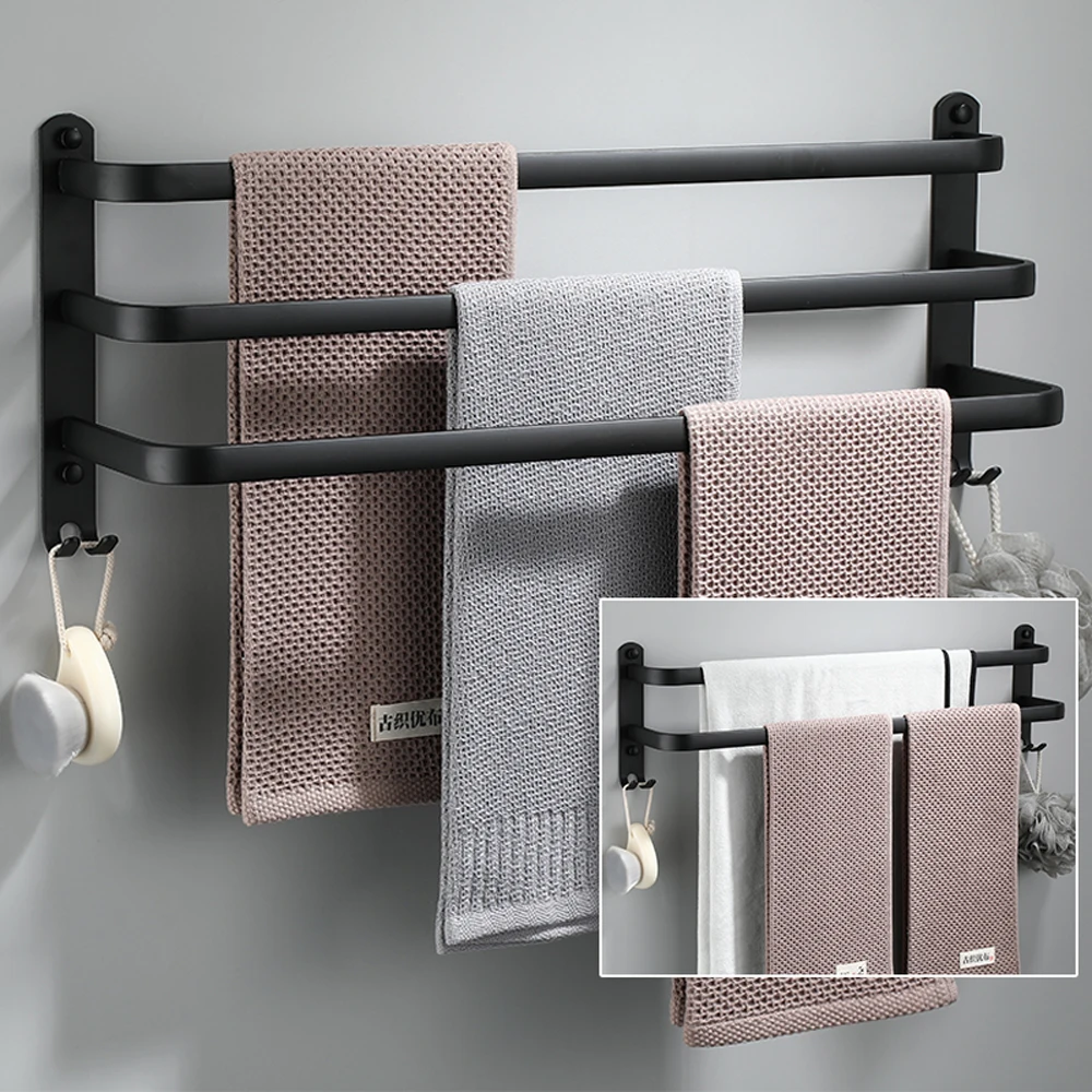 Rack Wall Mounted 30-60cm Multi Rod Hanger Bathroom Space Aluminum Shelf  Multilayer Layer With Hook Towel Bar Hook Holder