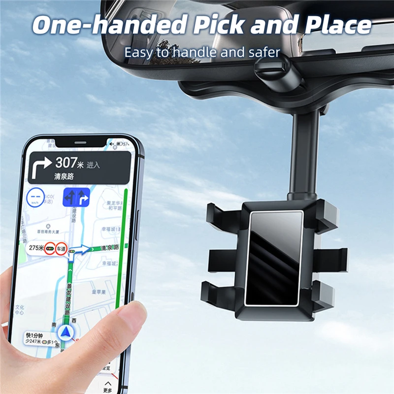 

360° Car Rearview Mirror Phone Holder for Car Mount Phone and GPS Holder Support Rotating Adjustable Telescopic Phone Stand