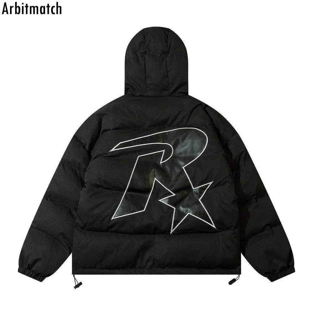 

2022 Men Hip Hop Parka Jacket Streetwear Five Pointed Star Embroidery Hood Padded Jacket Coat Harajuku Winter Thick Warm Outwear