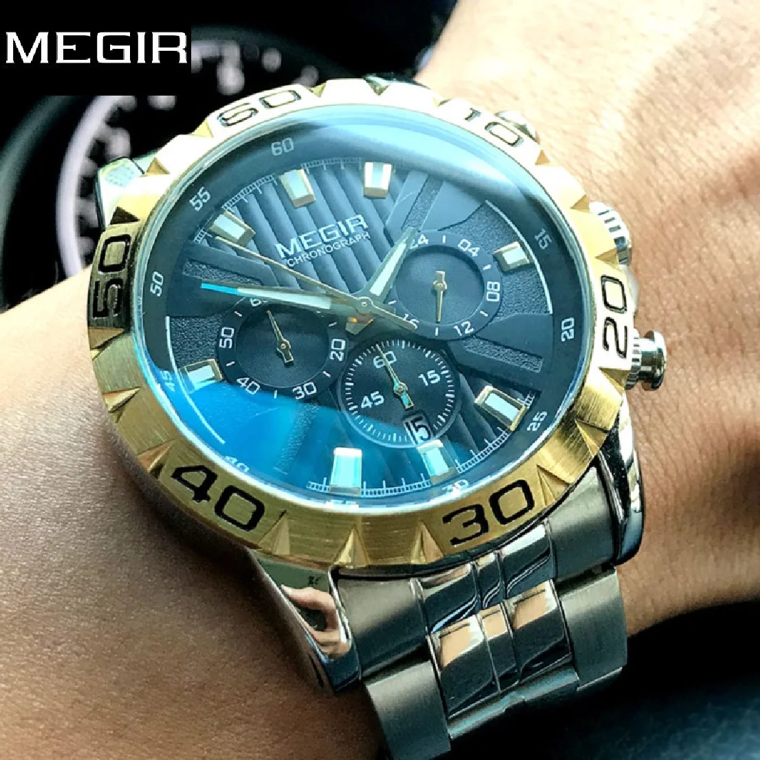 

Часы MEGIR Мужские кварцевые с хронографом, оригинальные деловые водонепроницаемые светящиеся армейские наручные, золотистые 2087