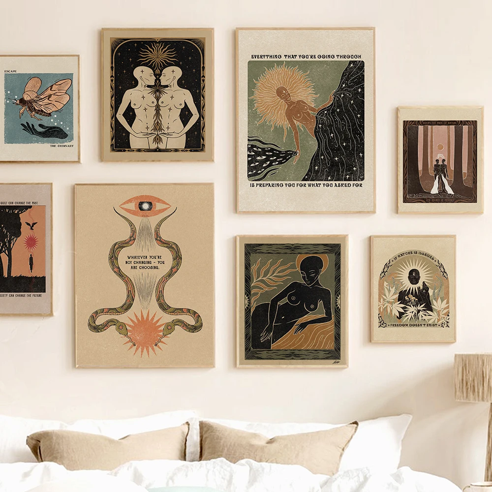 

Абстрактная винтажная змея, Религиозное искусство, Постер в стиле бохо, ретро, солнце, тело обнаженной девушки, феминистский лес, кавены, жив...