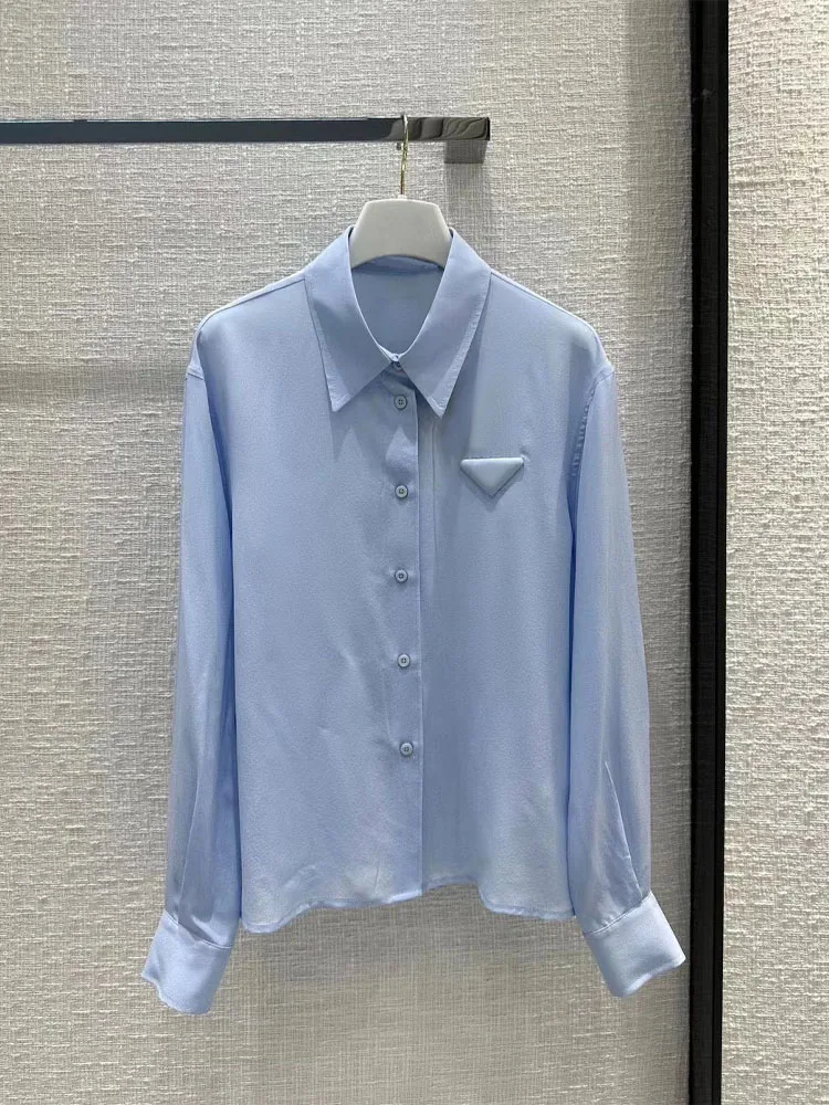 

Leisure Silk Shirts Button Lapel Cardigan Top Lady Light blue Long Seelve shirt Womens Blouses Vintage Blouse Shirts