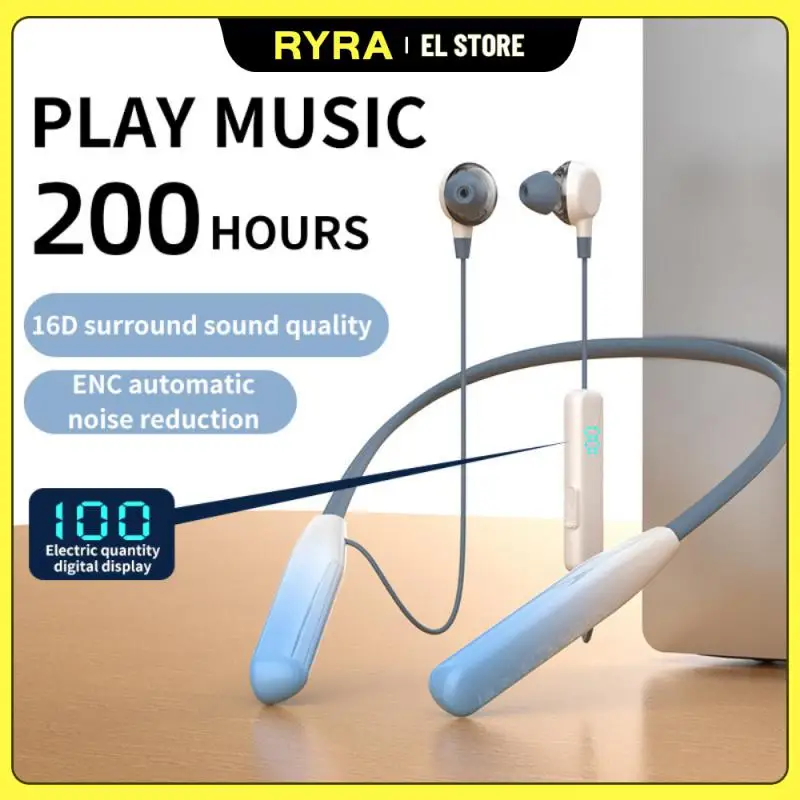 

RYRA 2023New Bluetooth 5.3 Wireless Earphones Binaural Stereo Long Standby 0 Latency Digital Display Neck Sport Headset With Mic
