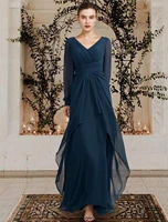 a line mother of the bride dress plus size elegant v neck floor length chiffon long sleeve with ruched ruffles side draped