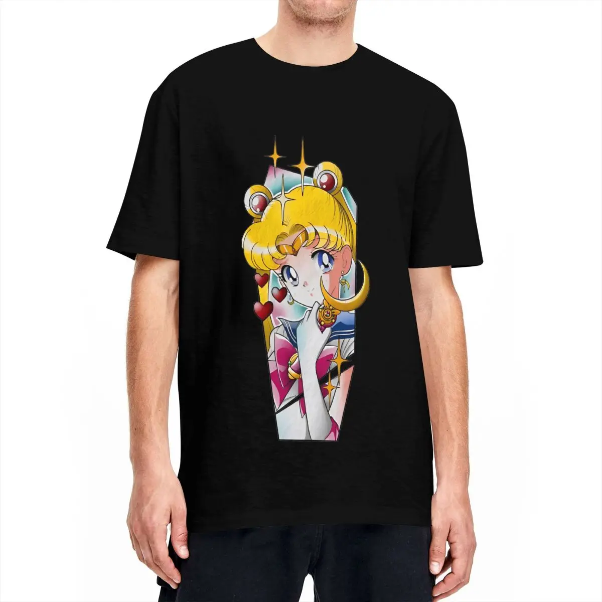 Мужская хлопковая футболка с коротким рукавом круглым вырезом и принтом аниме