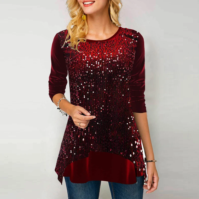 Женская винтажная однотонная блузка с блестками модная весенняя Дамская круглым