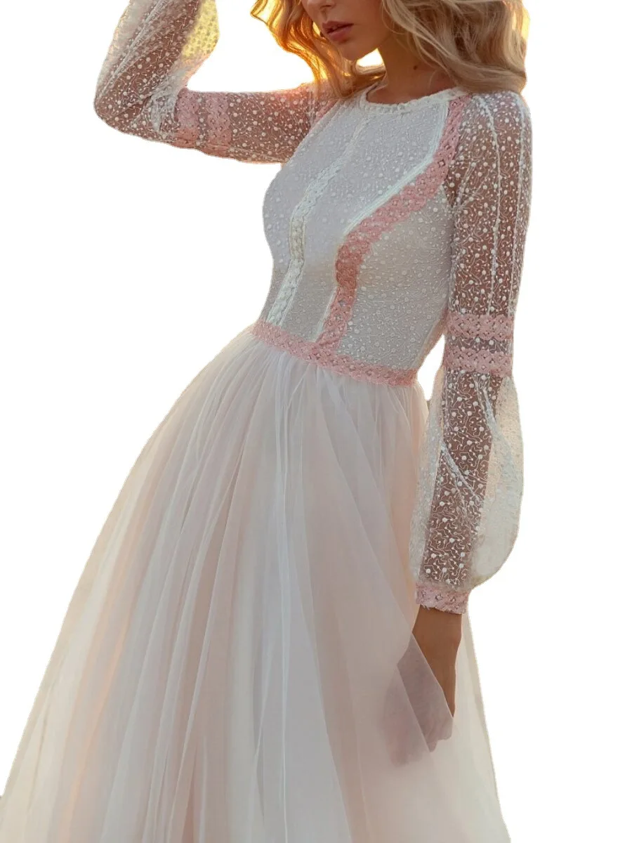 PLEINDI Luxury Evening Dresses O-Neck A-LINE Long Sleeves Floor-Length Lace 2022 New of Ruched Exquisite Prom Women Dress