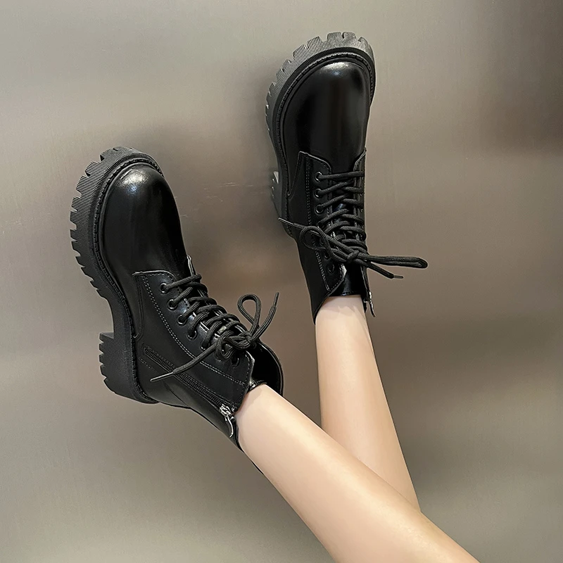 Women's Patent Leather Boots Ankle Boots Women's Chunky Heels Women's Flat Booties Rubber Sole Boots Botas  Women Shoes