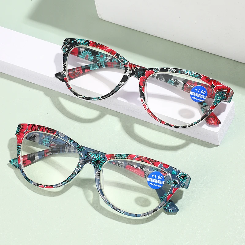

Cat Eye Reading Glasses Women Anti-Blue Light Urltra-Light Eye Protection Flowers Frame Elegant Presbyopia Eyeglasses Diopter