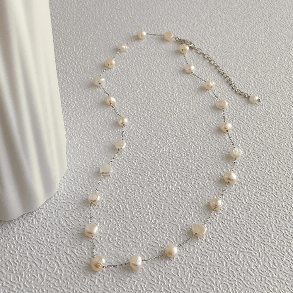 

ALLNEWME Charms Natural Freshwater Pearl Choker Necklace for Women Silver Color Thin Chain Beaded Pendant Necklaces Wholesale