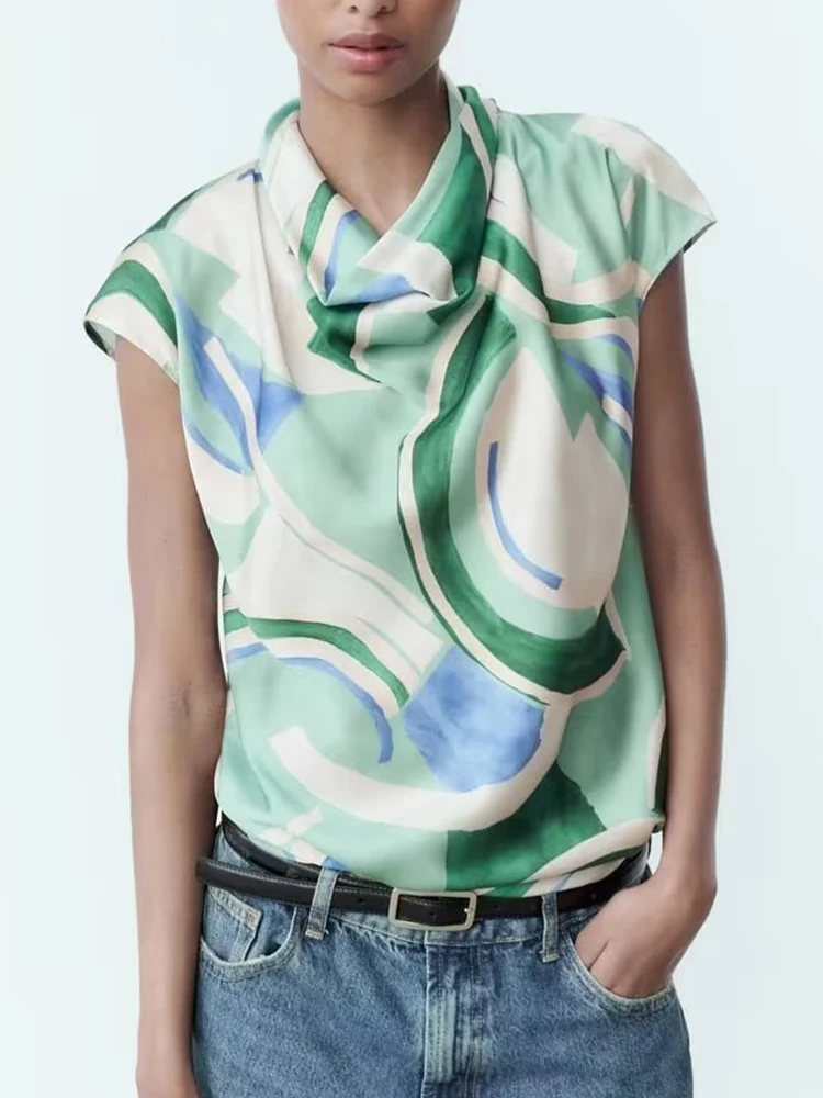 

TRAF 2023 Women Printed Blouses Shirt Summer Causal Sleeveless Pile Collar Tops Vintage Simple Fashion T-Shirts