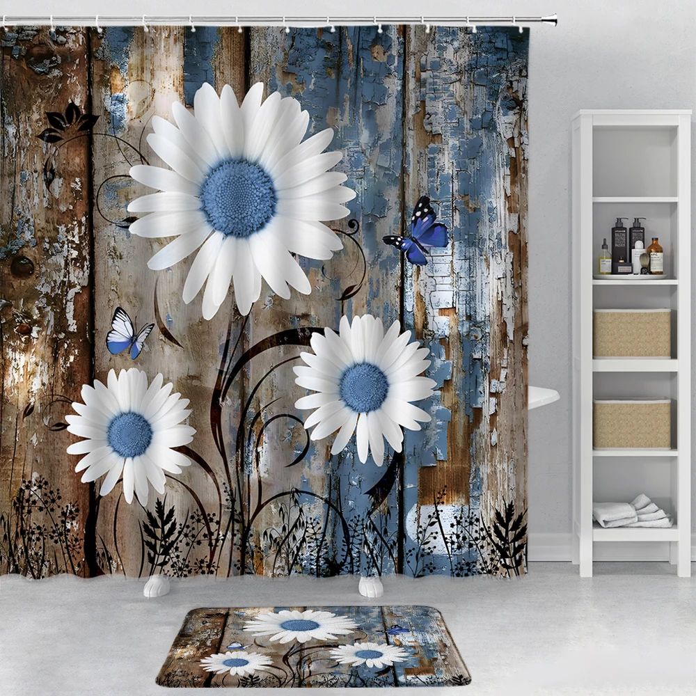 

Rustic Wooden Board Flowers Shower Curtain Set White Daisy Butterfly Vintage Farm Floral Bathroom Decor Non-slip Rug Bath Mats