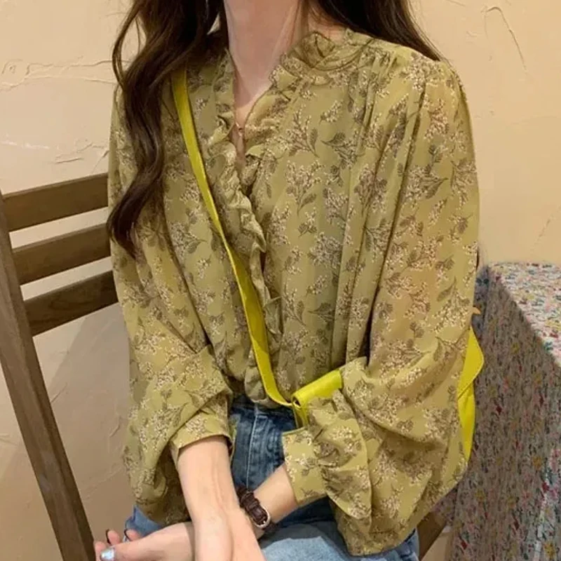 Женская шифоновая блузка с длинным рукавом и V-образным вырезом