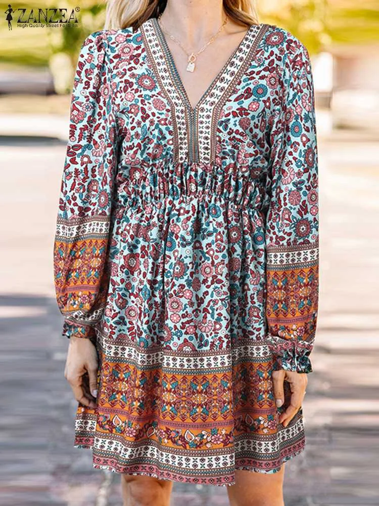

Fashion Women Floral Sundress ZANZEA Summer Printed Dress Casual Puff Sleeve Mini Vestidos Female V Neck Party Robe Oversized