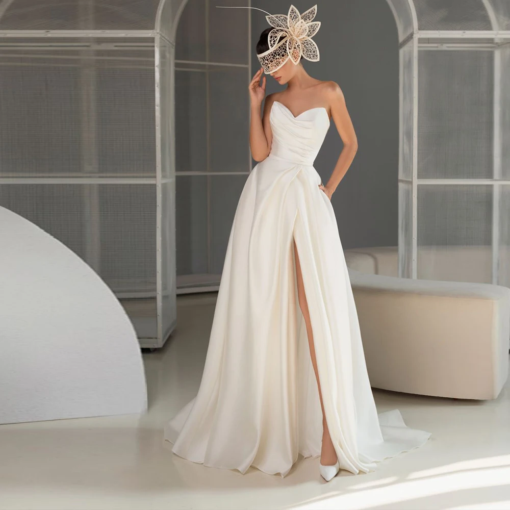 

Civil Ivory Satin Wedding Gown Strapless Side Slit Floor Length Pleat Simple Bridal Dresses For Bride Zipper Back Sweep Train