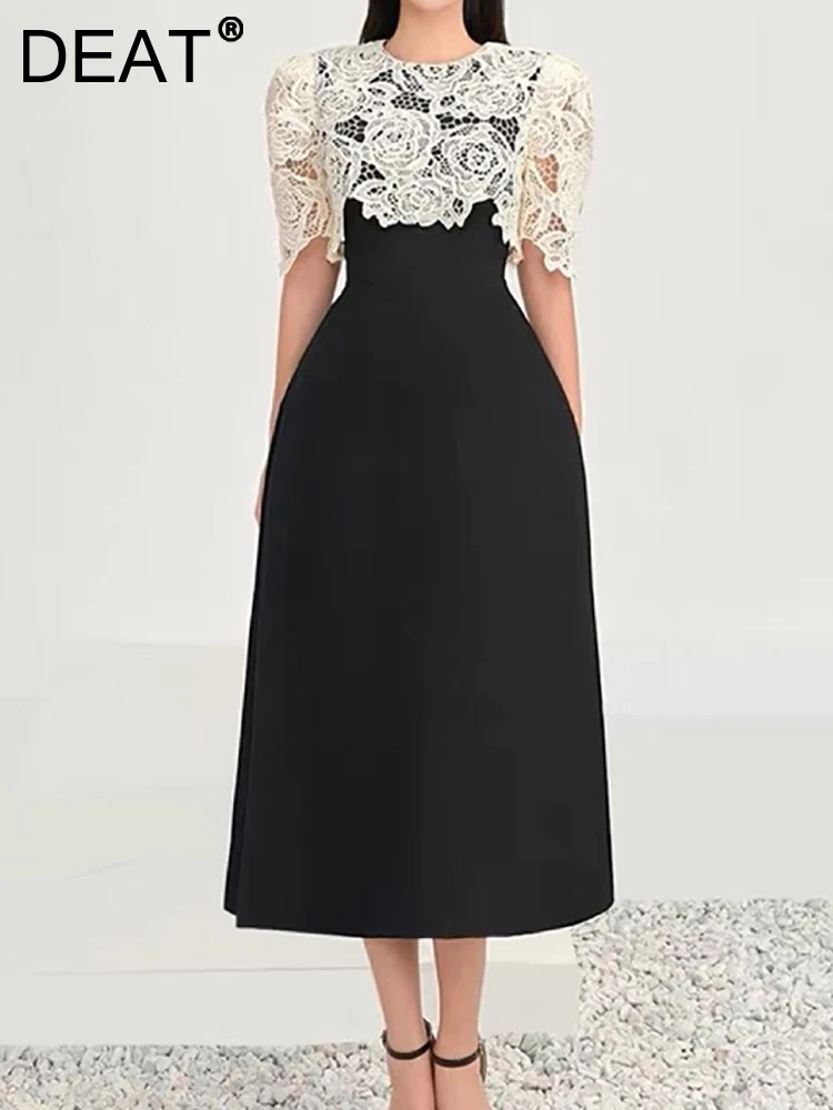 

[DEAT] Women's Evening Dress Round Collar Short Sleeve Spliced Lace Contrast Color Fashion Dresses Spring 2023 New 13DB1296
