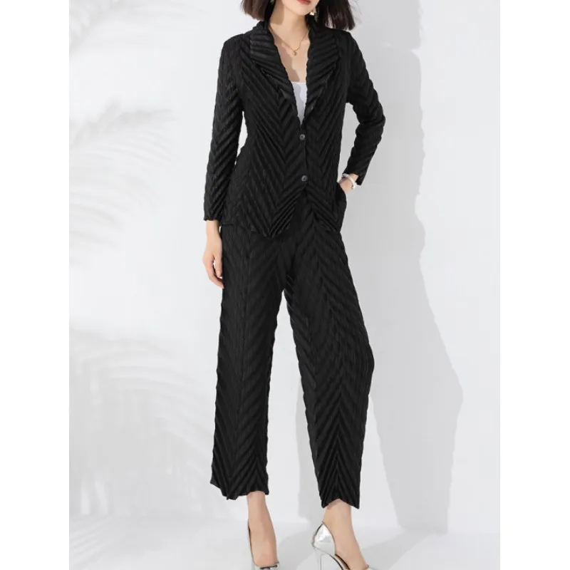 

Женский модный костюм, элегантный новый пиджак с отложным воротником, прямые брюки с высокой талией, плиссированный комплект из двух предметов