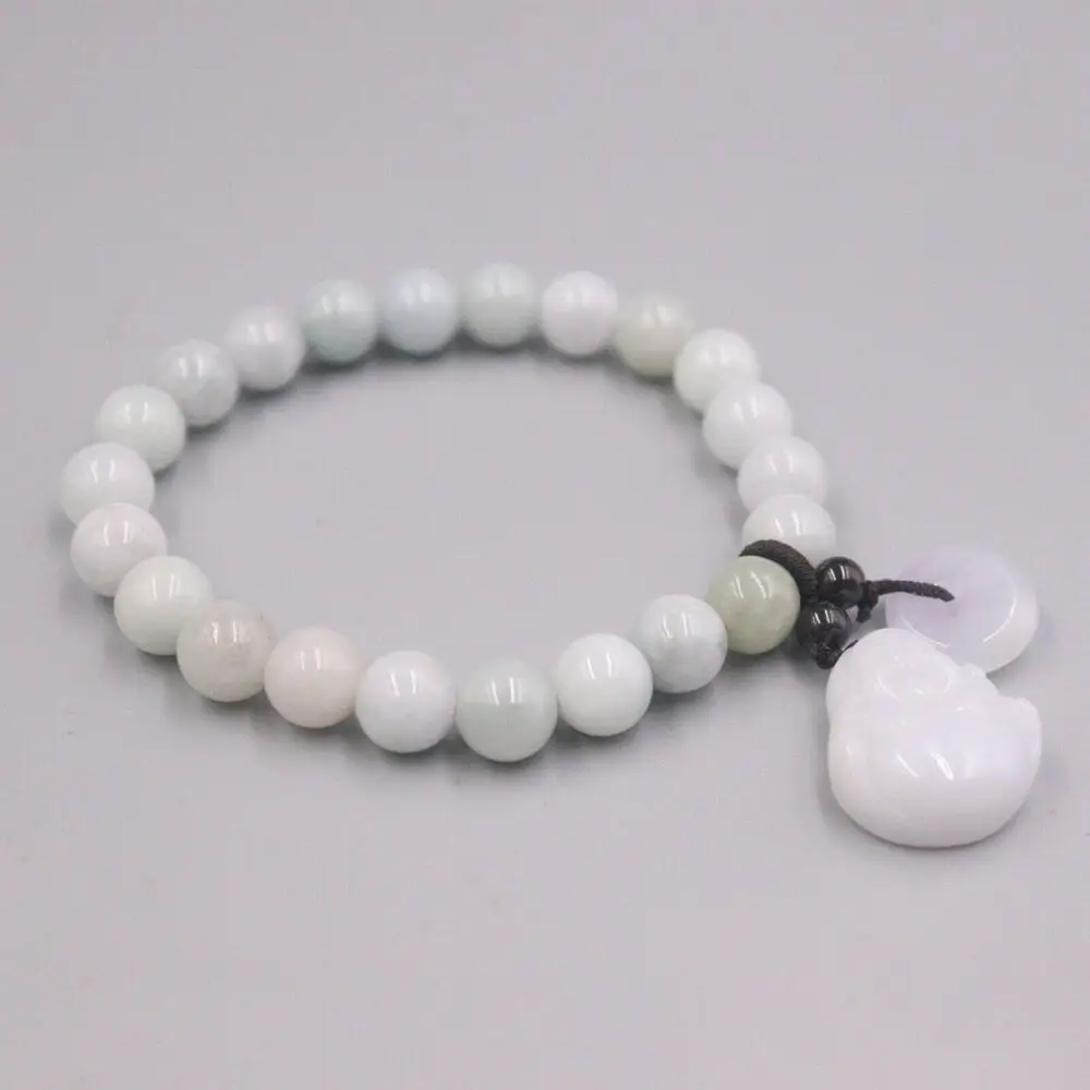 Натуральный жадеитовый талисман "Счастливый Будда" на браслете с 8-миллиметровыми жемчужинами для женщин.