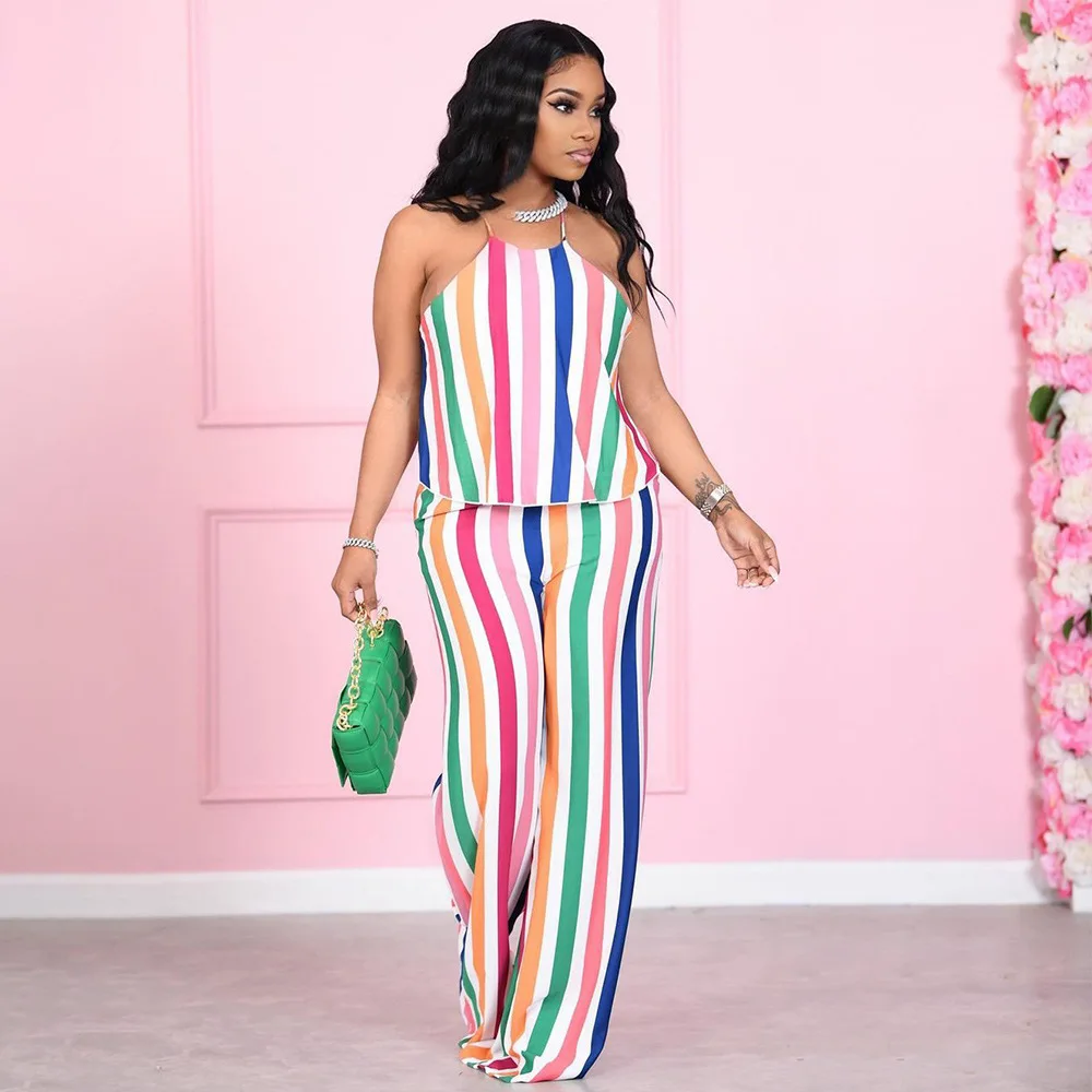 

Lounge Wear Halter Top + Wide Leg Pants Slim Two Piece Set Streetwear Y2K Suits Colorful Striped Print Summer Outfits for Women