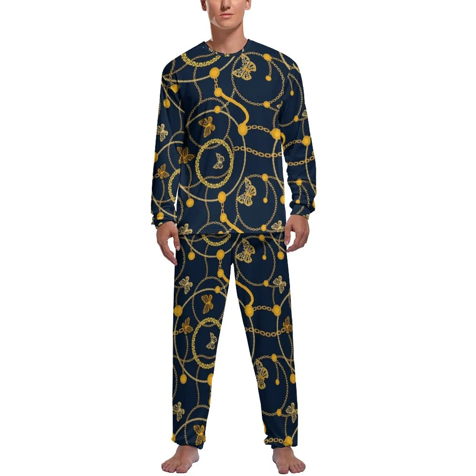 Chain Print Pajamas Autumn Gold Butterflies Casual Nightwear Male 2 Pieces Printed Long Sleeves Warm Pajama Sets