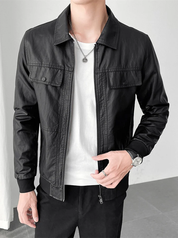 

Куртка мужская из ПУ кожи, деловая Повседневная приталенная, с длинным рукавом, на молнии, удобная кожаная куртка, весна-осень