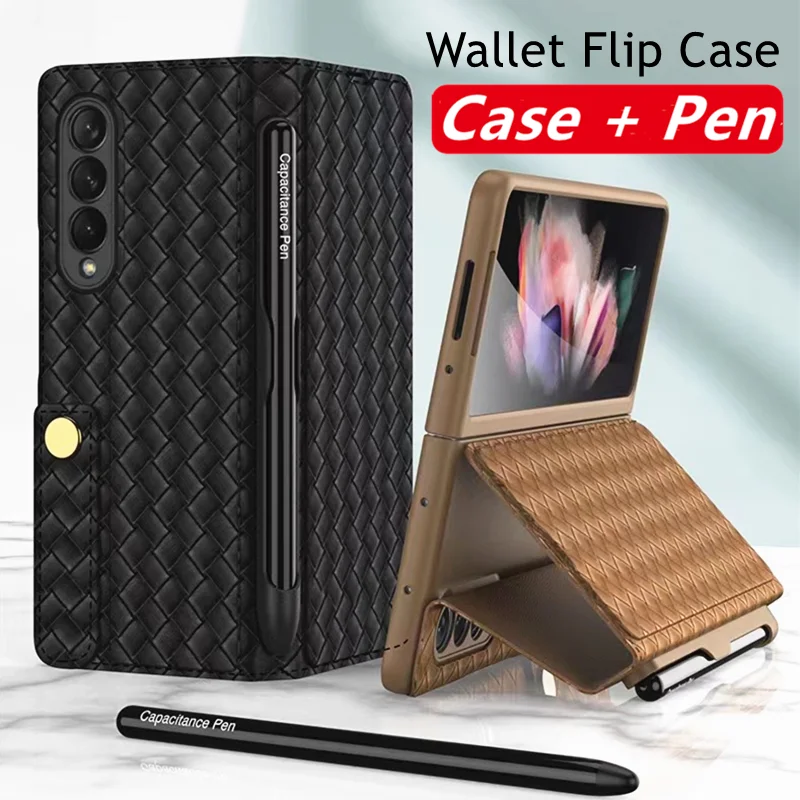 

Stylus Pen With Wallet Card Flip Stand Leather Case For Samsung Galaxy Z Fold 3 5G Weave Pattern Cover Side Pen Slot Holder Case