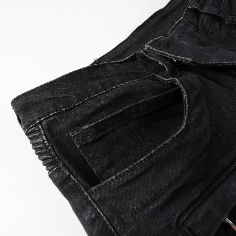Fashion Streetwear Men Jeans Black Stretch Slim Fit Spliced Designer Biker Jeans Homme Zipper Pocket Hip Hop Brand Pants Men